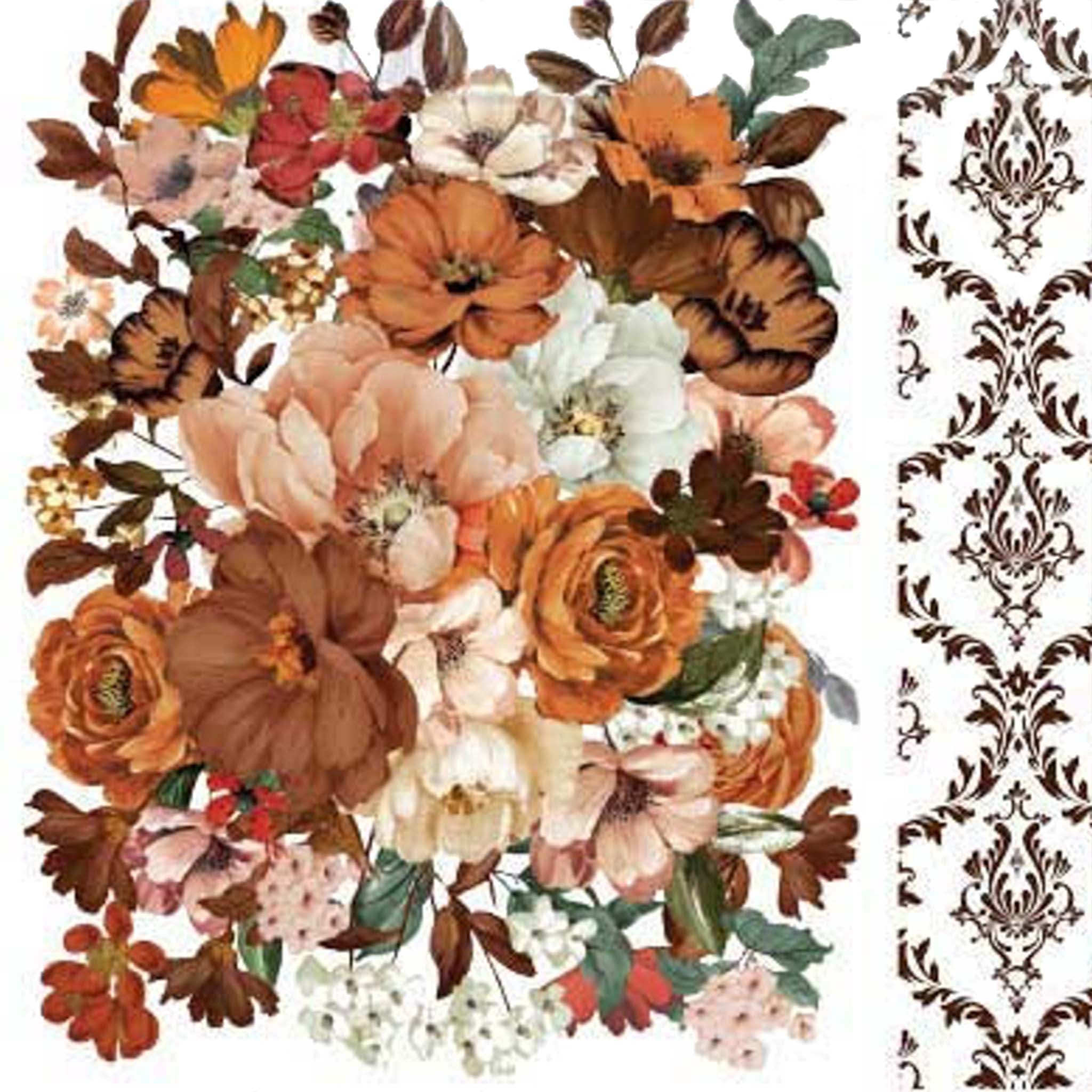 Small rub-on transfer of peach and brown colored flowers and a brown damask design. 