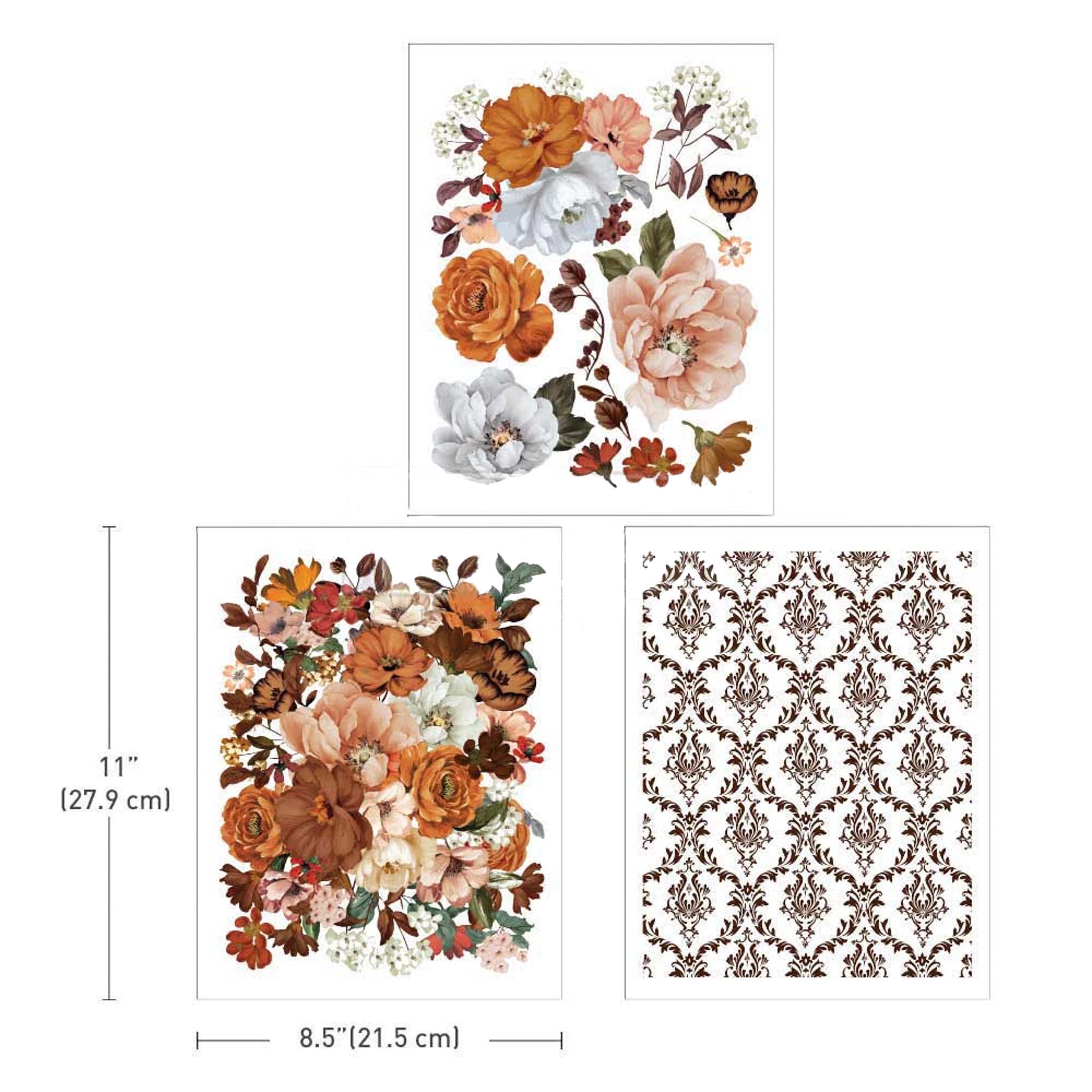 Three sheets of small rub-on transfers of peach and brown colored flowers and a brown damask design. Measurements for 1 sheet reads: 11" [27.9 cm] by 8.5" [21.5 cm].