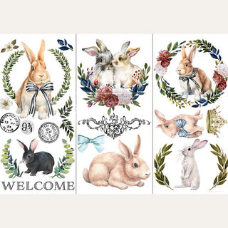 Three sheets of a small rub-on transfer of bunnies and leafy garland wreaths are against a white background.