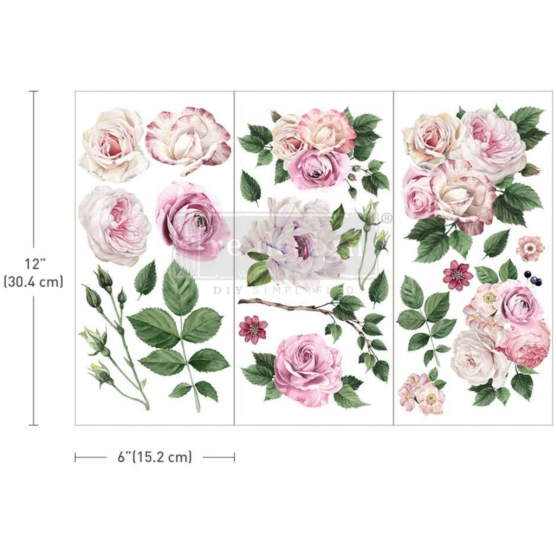 Three sheets of ReDesign with Prima's Delicate Roses small transfer are on a white background. Measurements for 1 sheet reads: 12" [30.4 cm] by 12" [30.4 cm].