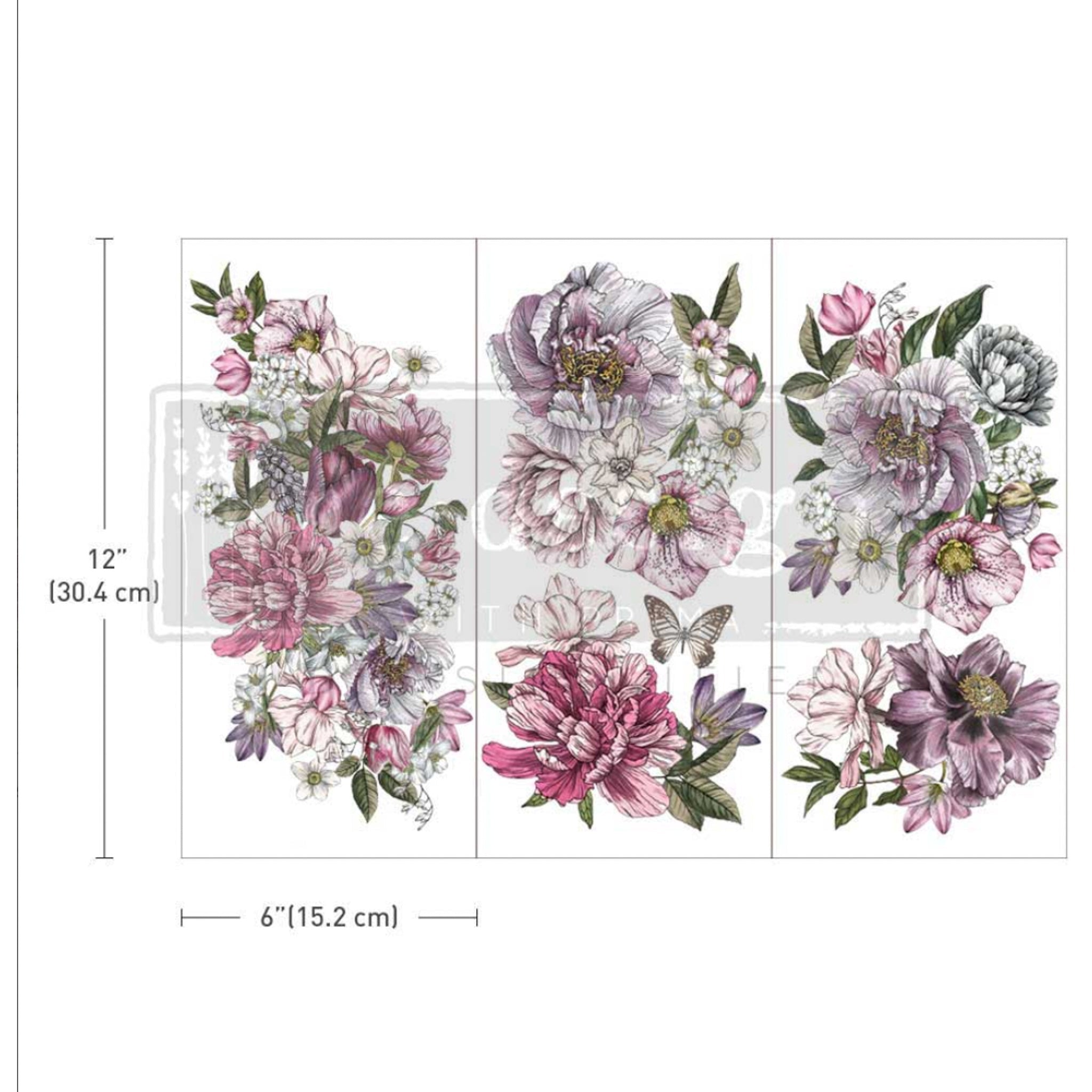 Small rub-on transfers of pink and purple floral bouquets. Measurement for the sheet reads: 12" [30.4 cm] by 6" [15.2 cm].