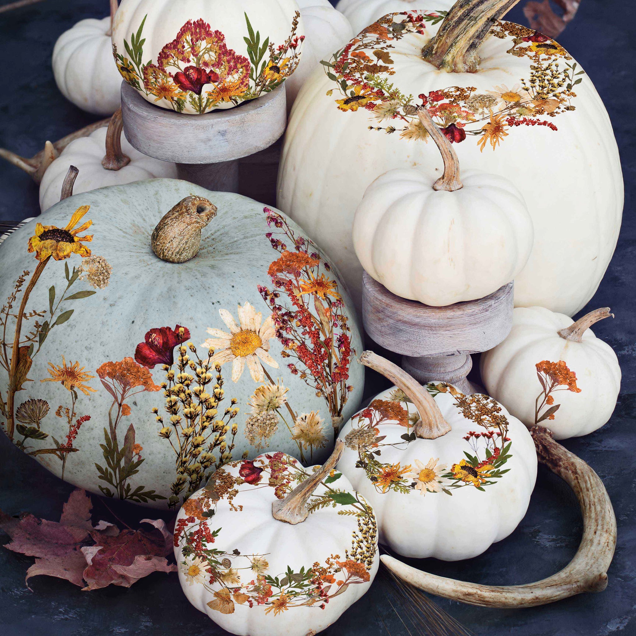 Multiple size white pumpkins are decorated with the Dried Wildflowers small transfer on them.