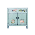 A vintage small buffet table is painted light blue and features the Farm Fresh small transfer on it.