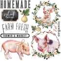 Small rub-on transfers with pigs, pears, and words like homemade, farm fresh, and farmer's market.