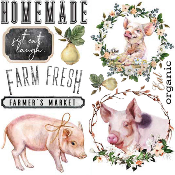 Small rub-on transfers with pigs, pears, and words like homemade, farm fresh, and farmer's market.