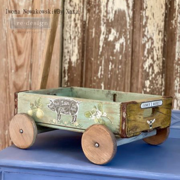 A small wood toy wagon features the Farm Fresh small transfer on it.