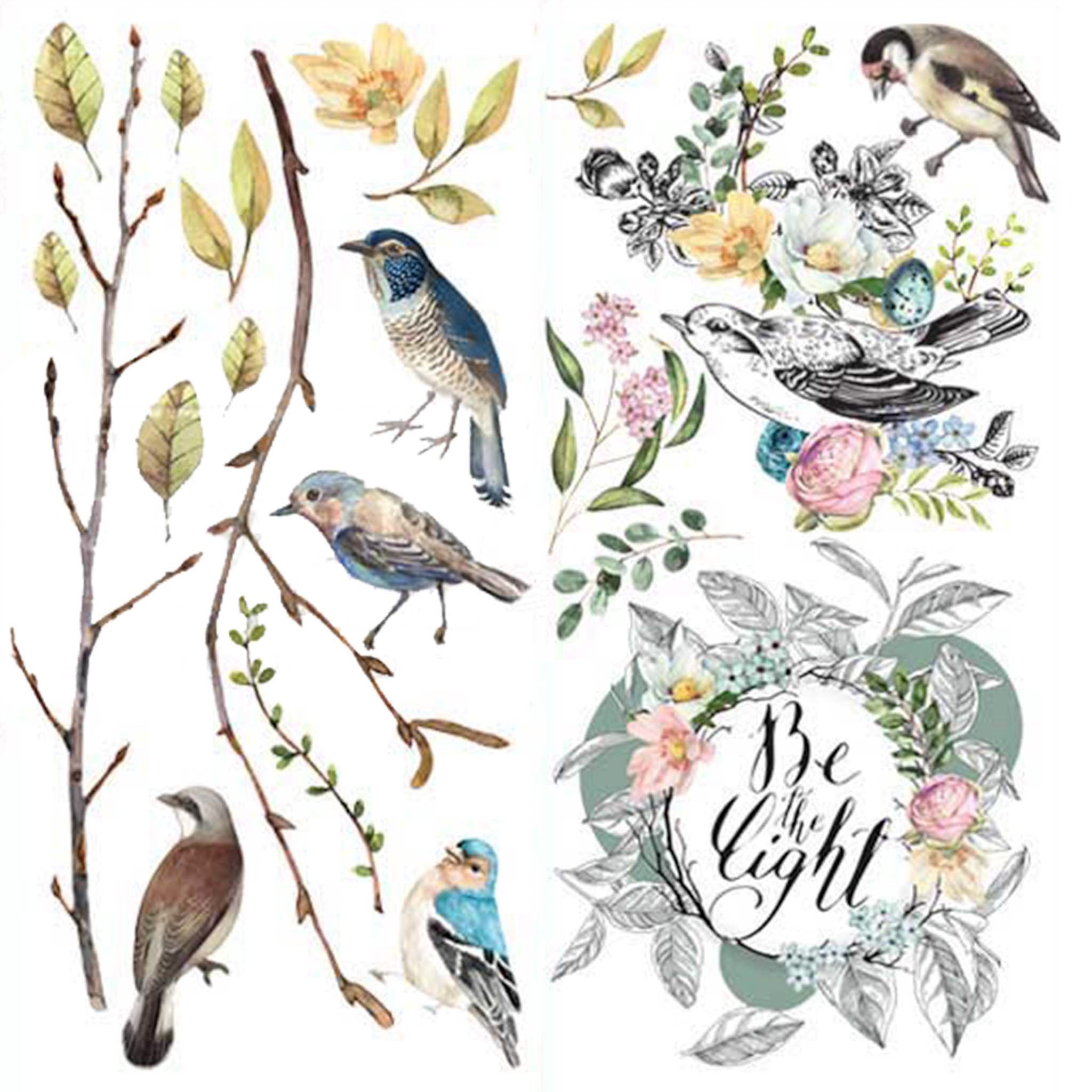 Small rub-on transfers of birds, flowers, and branches and a floral wreath that says "Be the light".