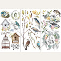 Three sheets of Redesign with Prima's Garden Marvels small rub-on transfers that features birds, birdhouses, nests, and branches with leaves.