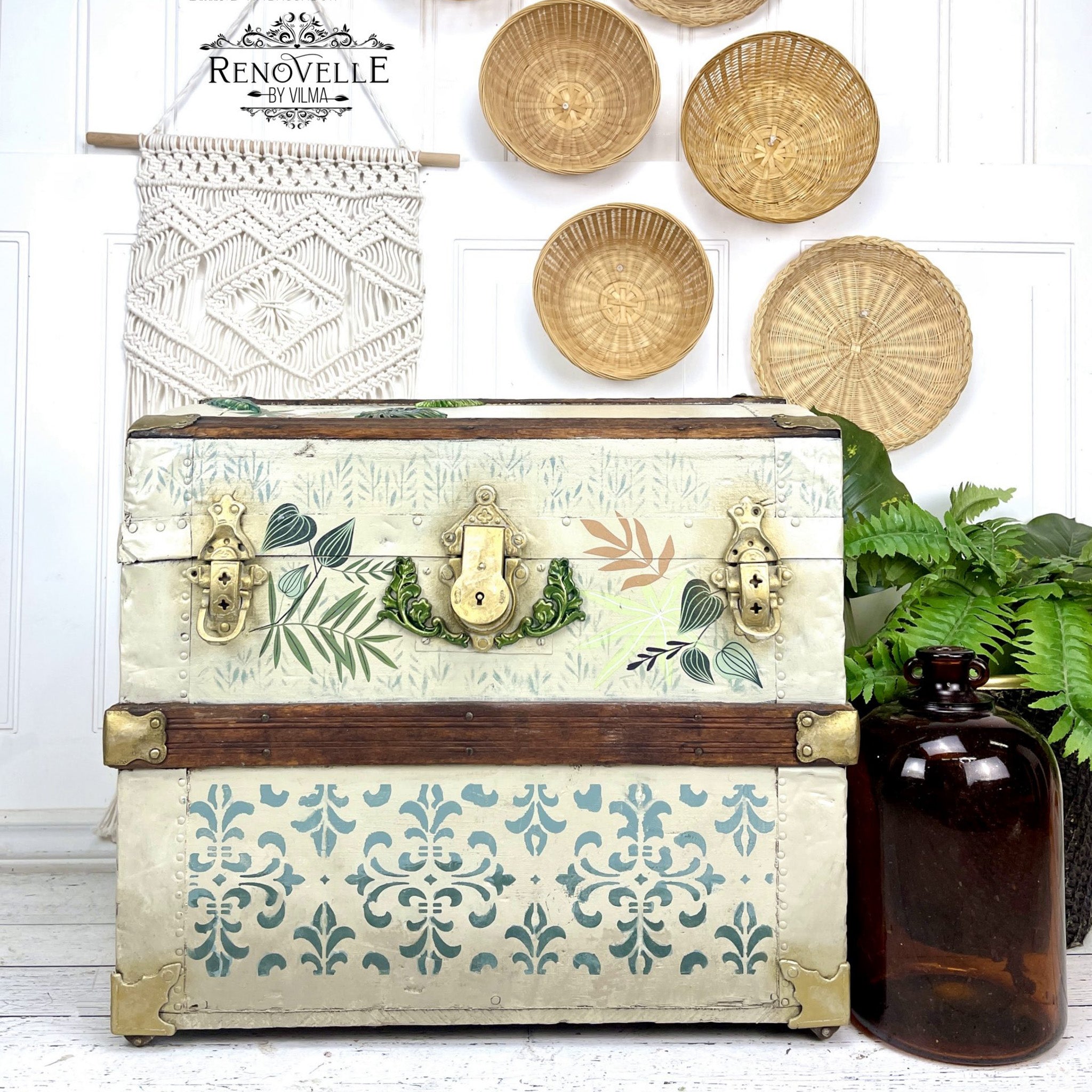 A vintage small wood tackle box or storage chest refurbished by Renovelle by Vilma is painted a cream color with natural wood stain and features the Greenery House small transfer on it.