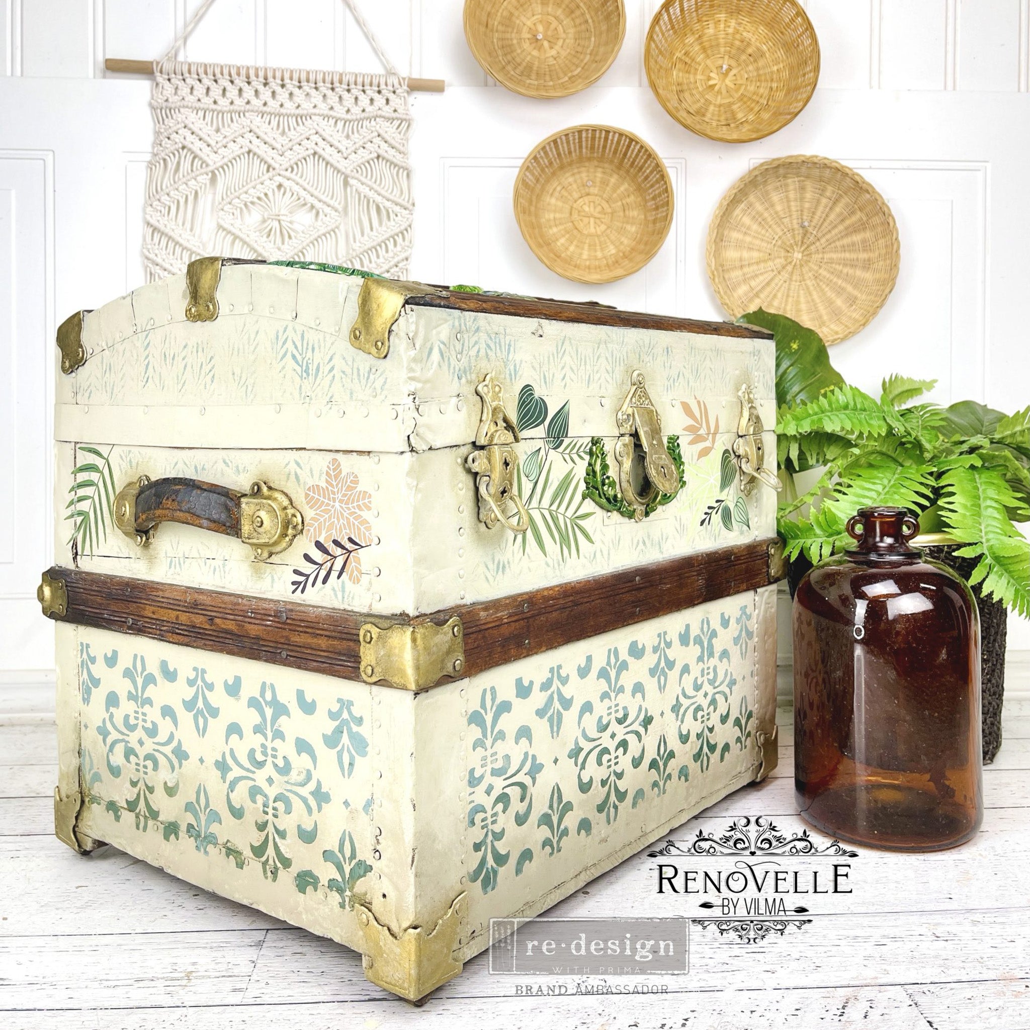 Side view of a vintage small wood tackle box or storage chest refurbished by Renovelle by Vilma is painted a cream color with natural wood stain and features the Greenery House small transfer on it.