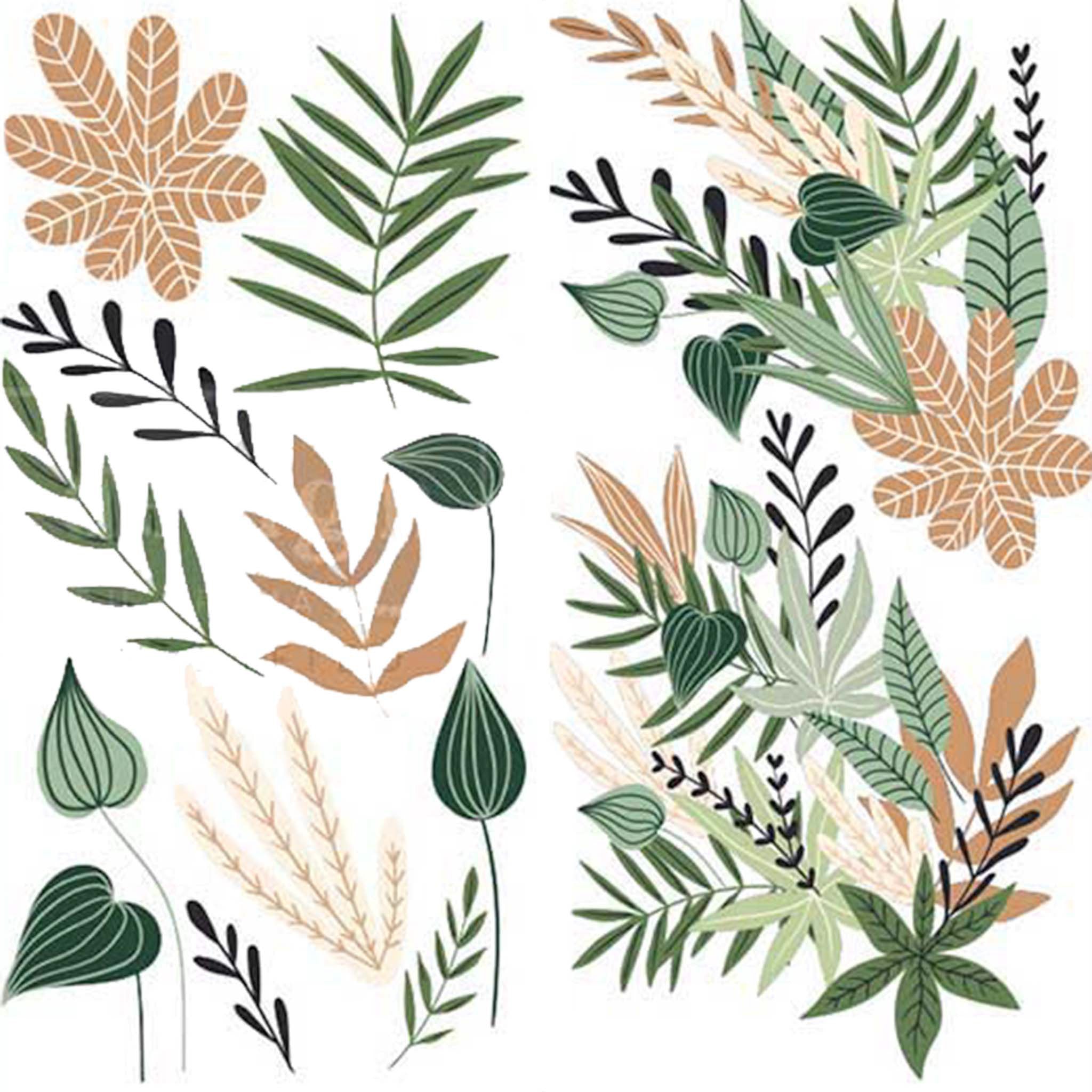 Small rub-on transfer design of hand painted green and tan foliage and leaves.
