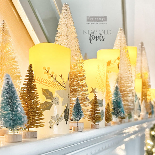 Wax-like LED candles refurbished by New Old Finds feature the Holiday Spirit small transfer on them.