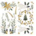 Small rub-on transfer of gold and mute green holiday wreaths and holly.