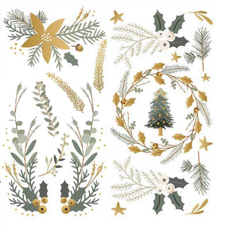 Small rub-on transfer of gold and mute green holiday wreaths and holly.