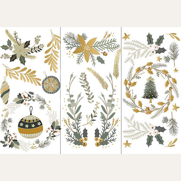 Three sheets of ReDesign with Prima's Holiday Spirit small transfer are on a white background. Light beige borders are on the top and bottom.