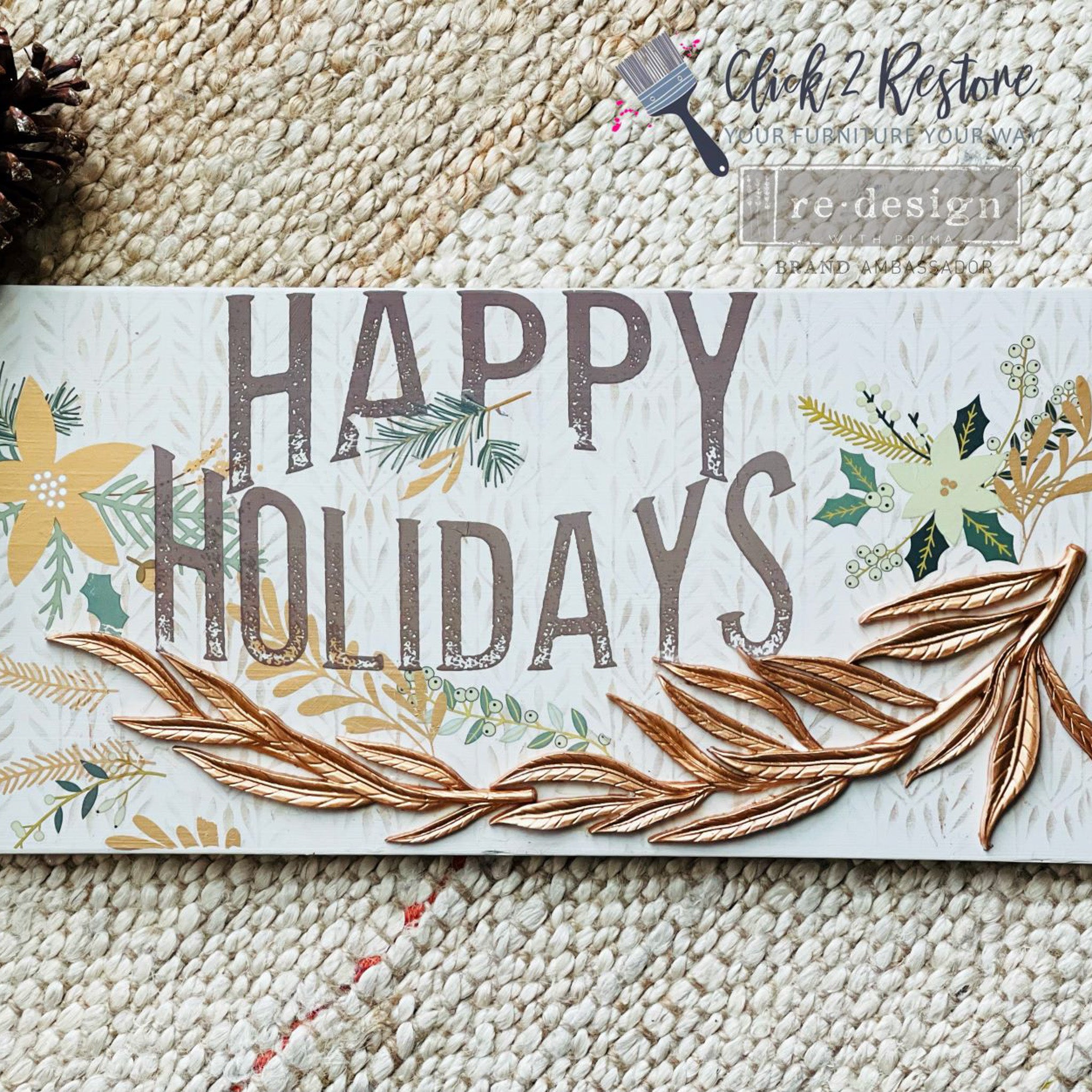 A small wood craft created by Click 2 Restore features ReDesign with Prima's Holiday Spirit small transfer on it.