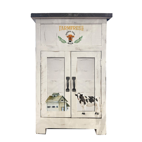 A vintage small end table is painted country white and features the Home & Farm small transfer on a front panel and doors.