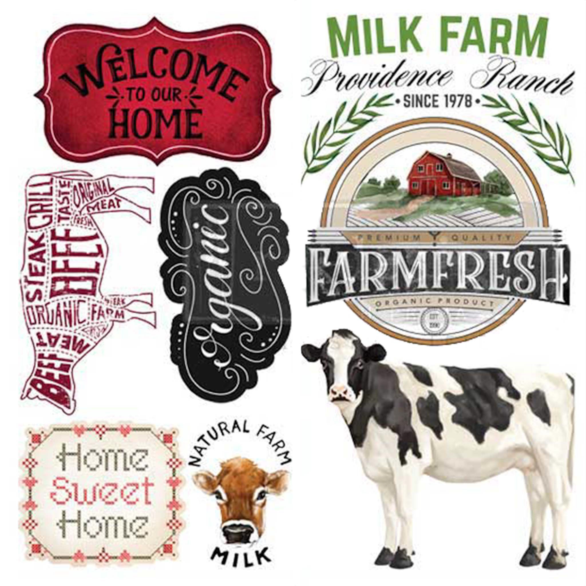 Small rub-on transfers of farm themed pictures of cows and signs that say Welcome to our home, milk farm, organic, and home sweet home.