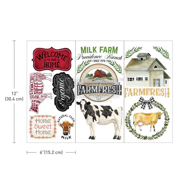 Three sheets of ReDesign with Prima's Home & Farm small transfer are against a white background. Measurements for 1 sheet reads: 12" [30.4 cm] by 6" [15.2 cm].