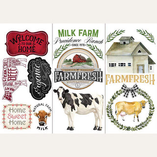 Three sheets of ReDesign with Prima's Home & Farm small transfer are against a white background.