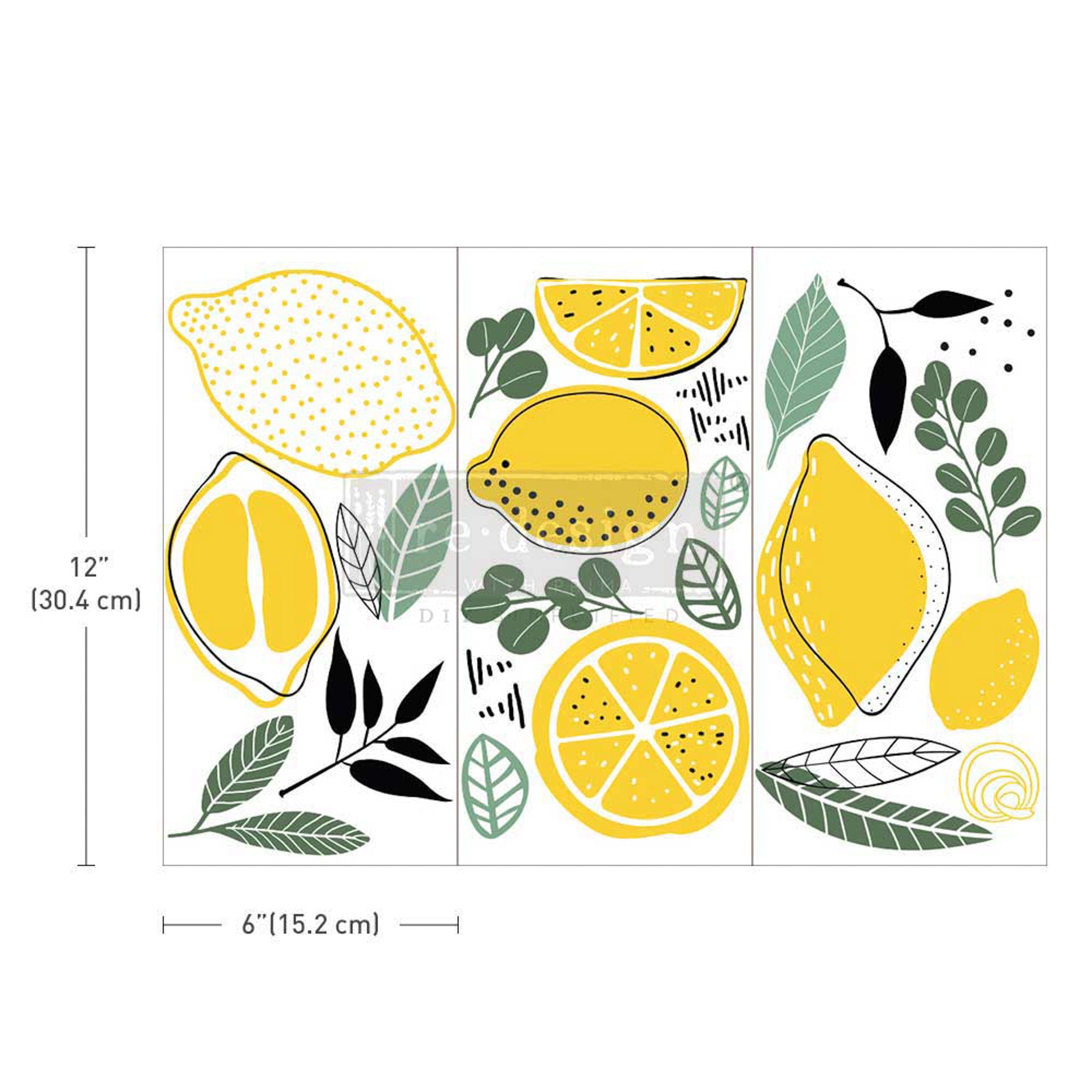 Three sheets of ReDesign with Prima's Lemon small transfer. Measurements for 1 sheet reads: 12" [30.4 cm] by 6" [15.2 cm].
