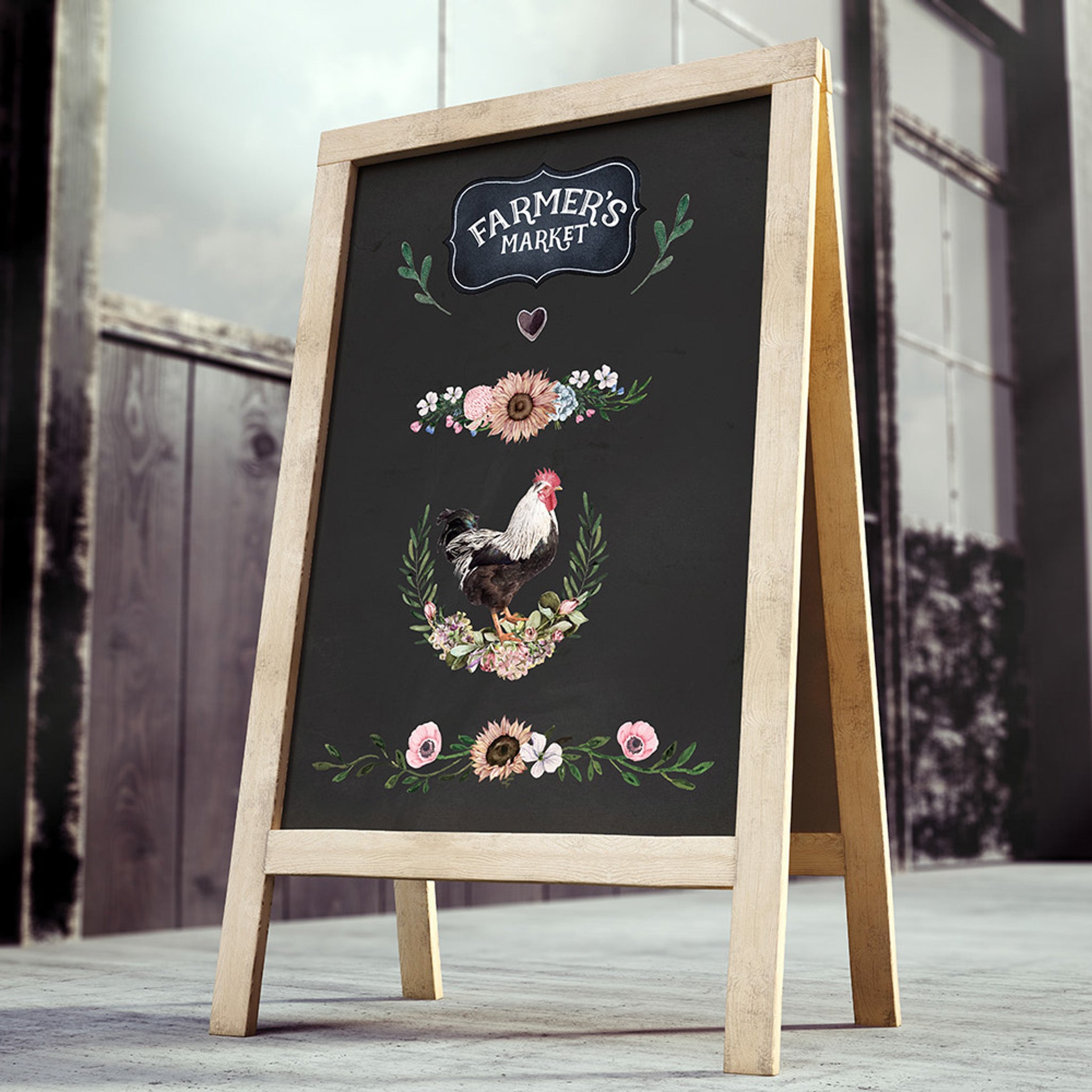 An easel style chalk board features ReDesign with Prima's Morning Farmhouse small transfer on it.