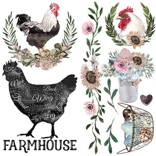 Small rub-on transfers of roosters, sunflower garlands, a basket of eggs, a bucket of flowers, and the word Farmhouse.