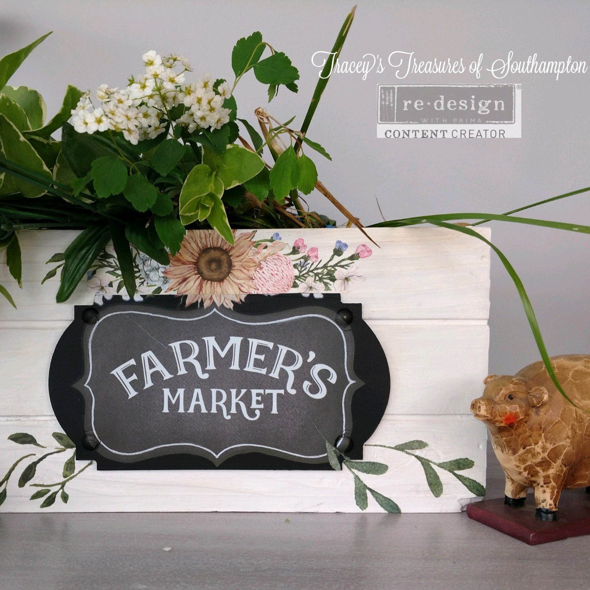 A wood box turned into a flower container refurbished by Tracey's Treasuresof Southampton is painted white and features ReDesign with Prima's Morning Farmhouse small transfer on it.