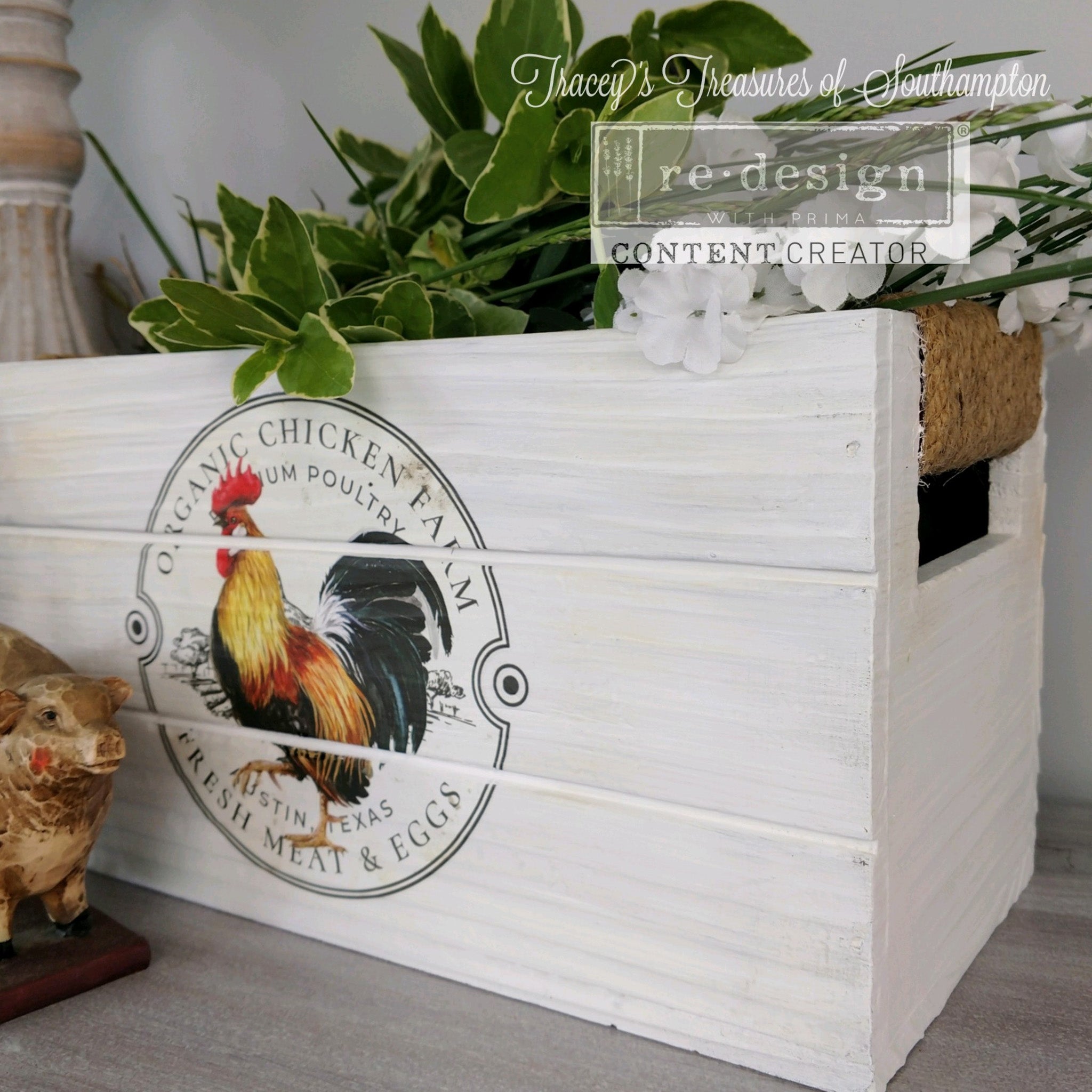 A wood box turned into a plant holder refurbished by Tracey's Treasures of Southampton is painted white and features ReDesign with Prima's Morning Farmhouse small transfer on it.