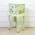 A small vintage night stand with 2 drawers is painted Spring green and features ReDesign with Prima's Mystic Hydrangea small transfer on it.