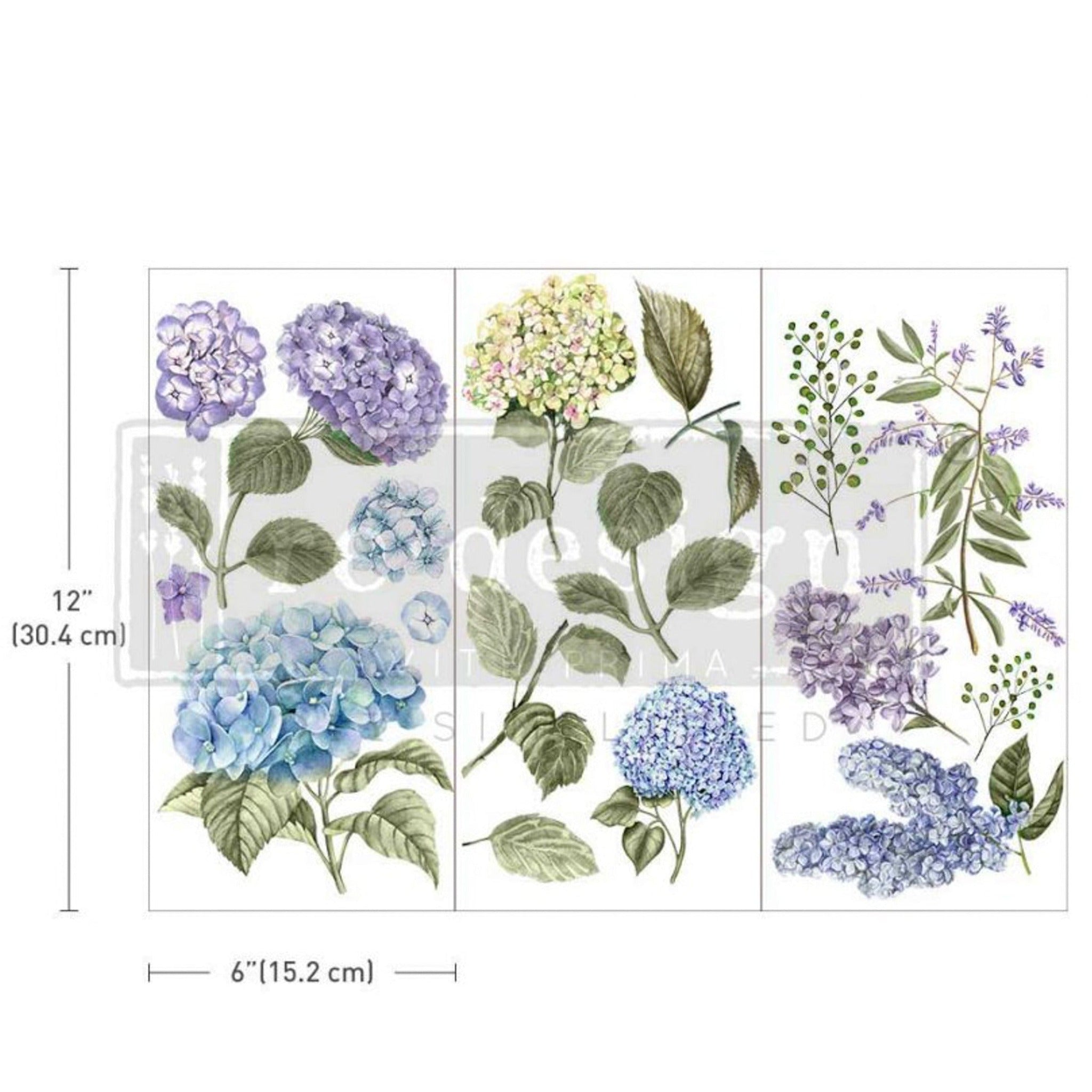 Three sheets of ReDesign with Prima's Mystic Hydrangeas small transfer are on a white background. Measurements for 1 sheet reads: 12" [30.4 cm] by 6" [15.2 cm].