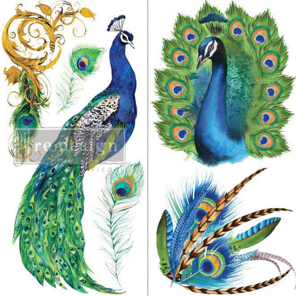 Small rub-on transfers of colorful peacocks and peacock feathers. 