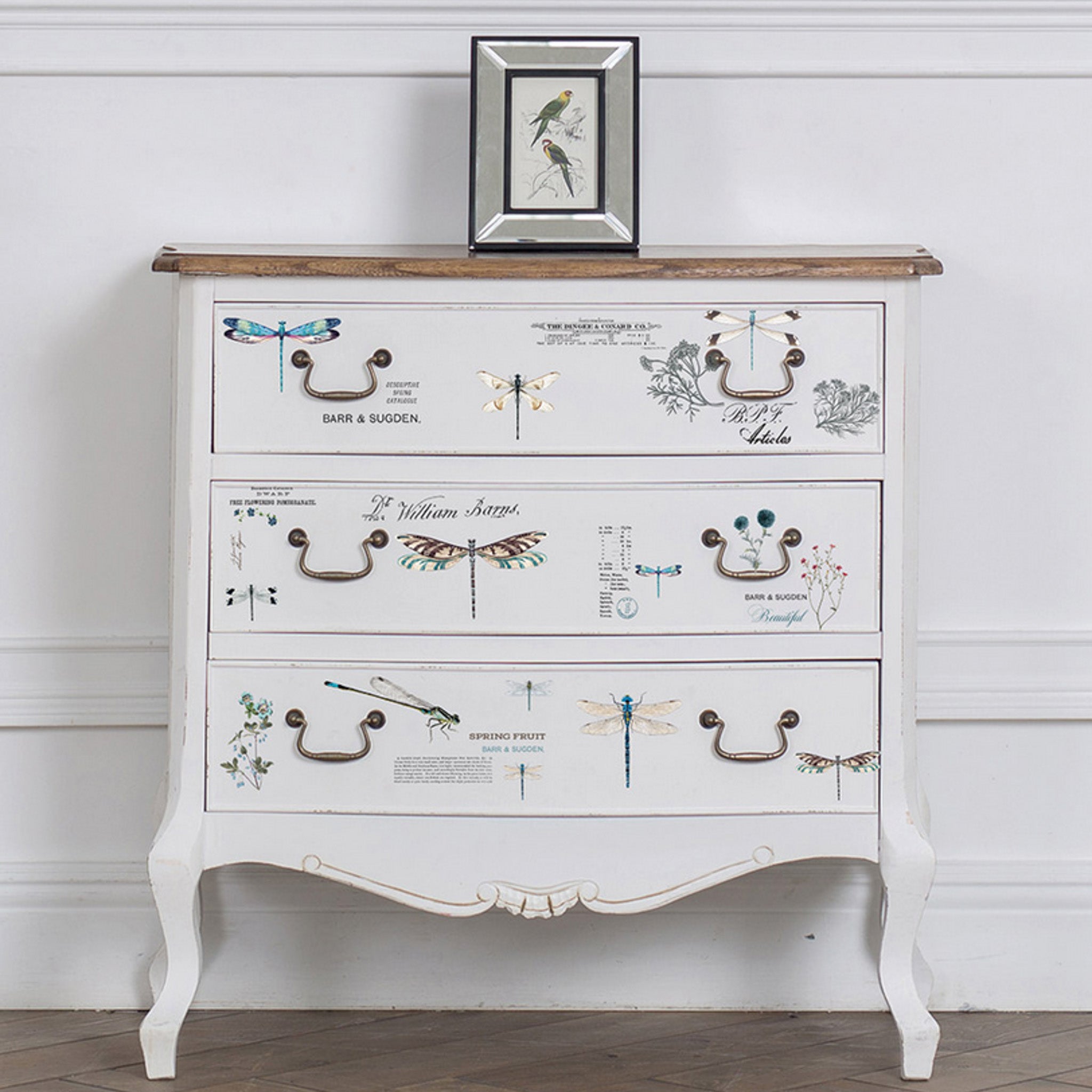 A vintage 3-drawer dresser is painted white and features ReDesign with Prima's Spring Dragonfly small transfer on its drawers.
