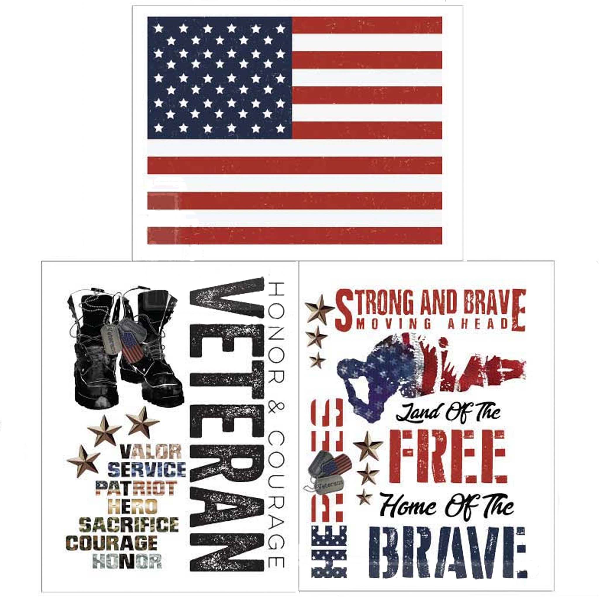 Three sheets of ReDesign with Prima's Veteran small transfer are against a white background. The top sheet features the American Flag.