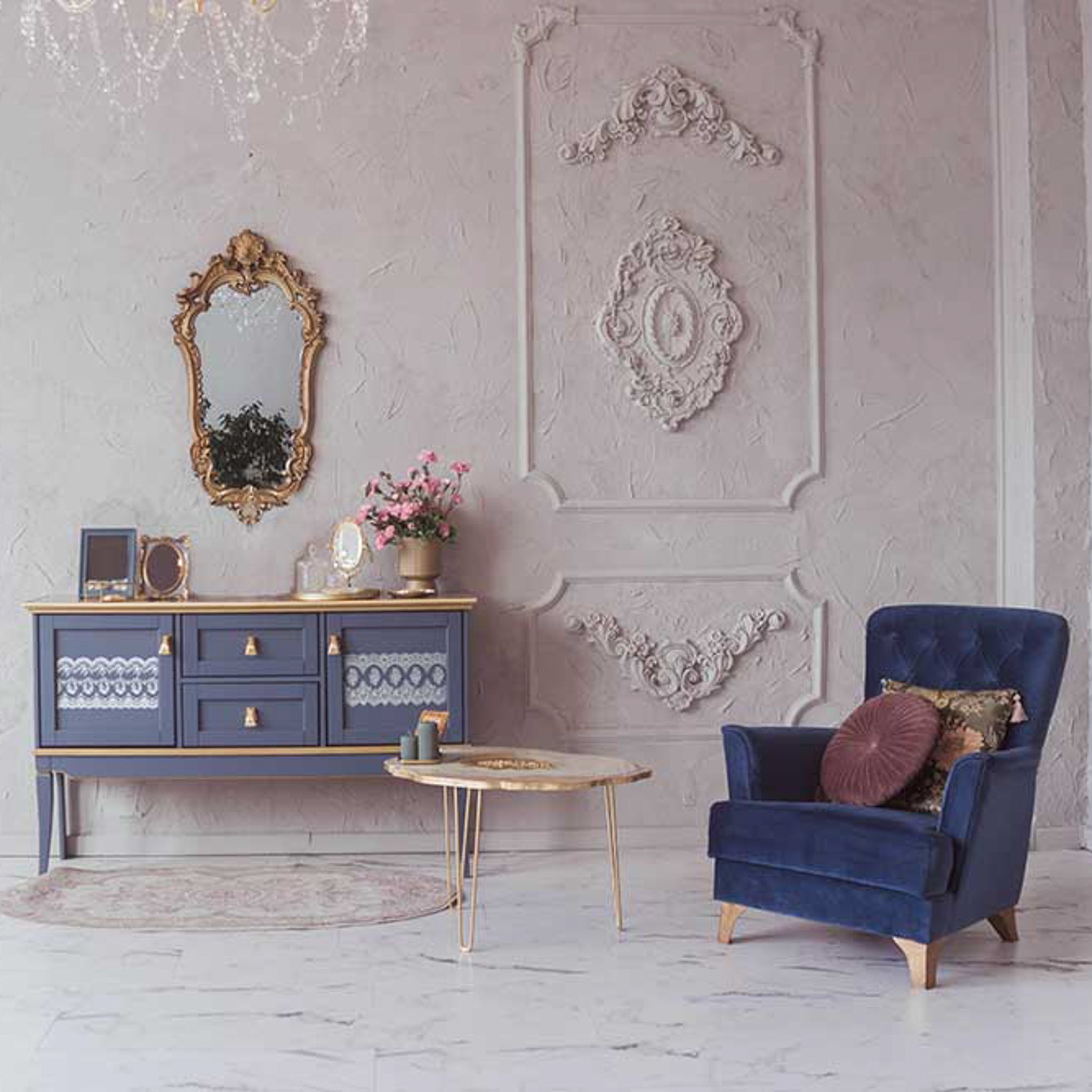 A vintage tv console is painted a muted blue with gold accents and features ReDesign with Prima's Vintage Wallpaper small transfer on its 2 doors.