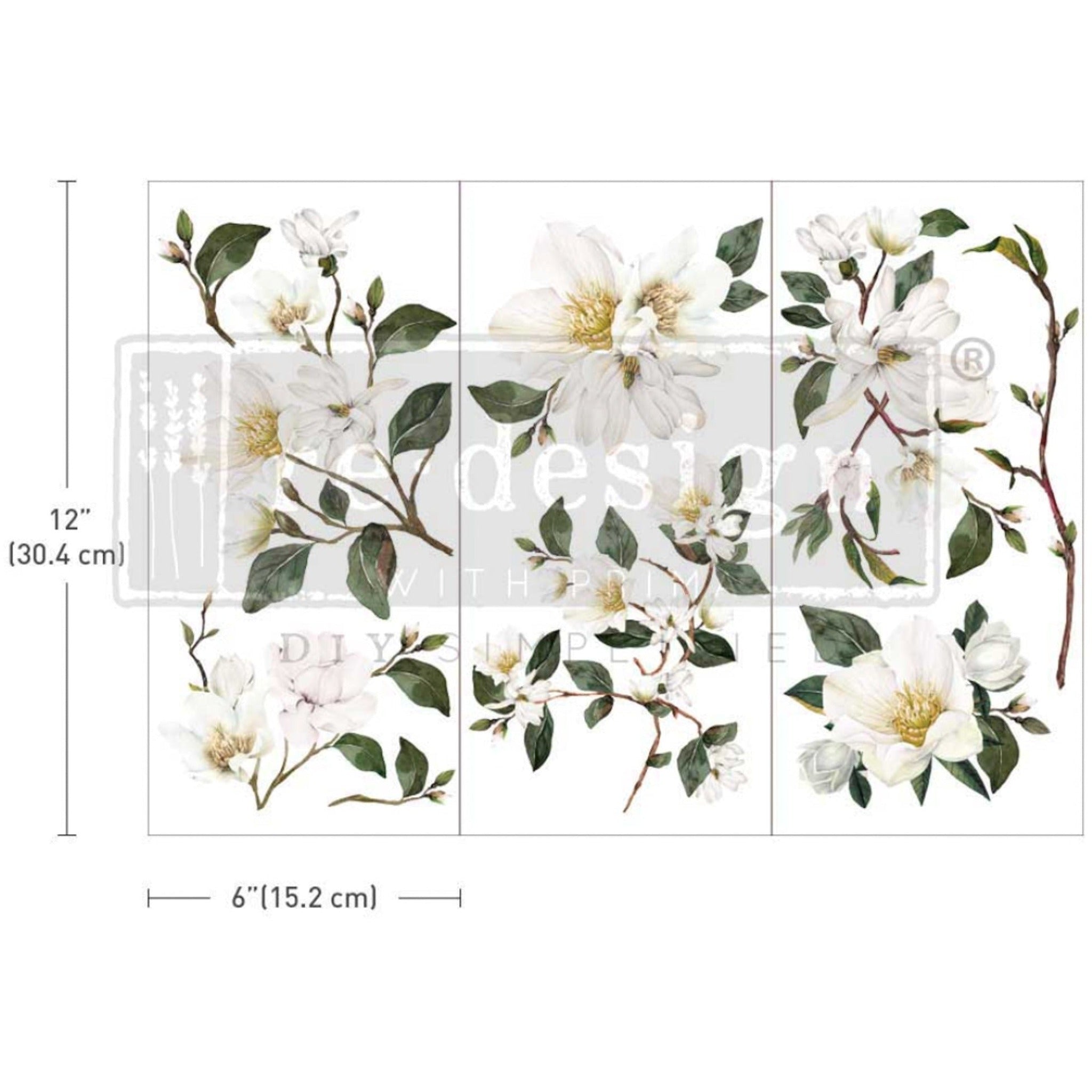 Three sheets of ReDesign with Prima's White Magnolia small transfer are against a white background. Measurements for 1 sheet reads: 12" [30.4 cm] by 6" [15.2 cm].