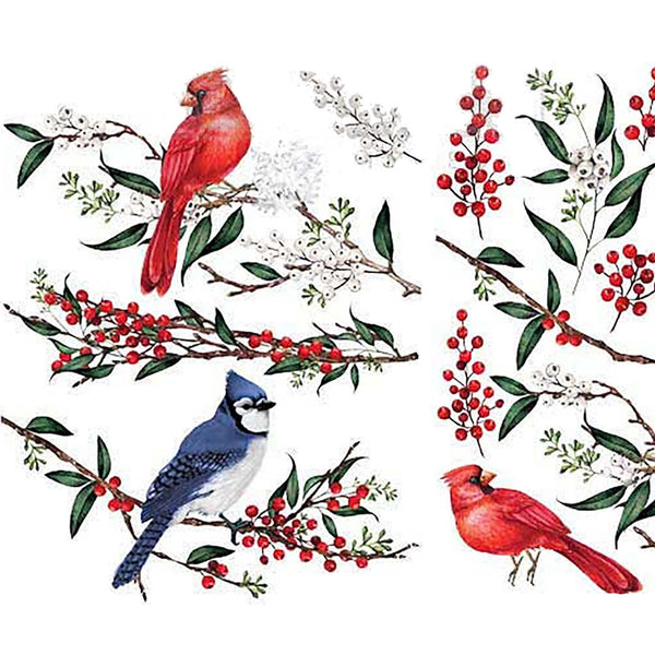 Small rub-on transfers of red cardinals and blue jay birds on branches with white and red berries.
