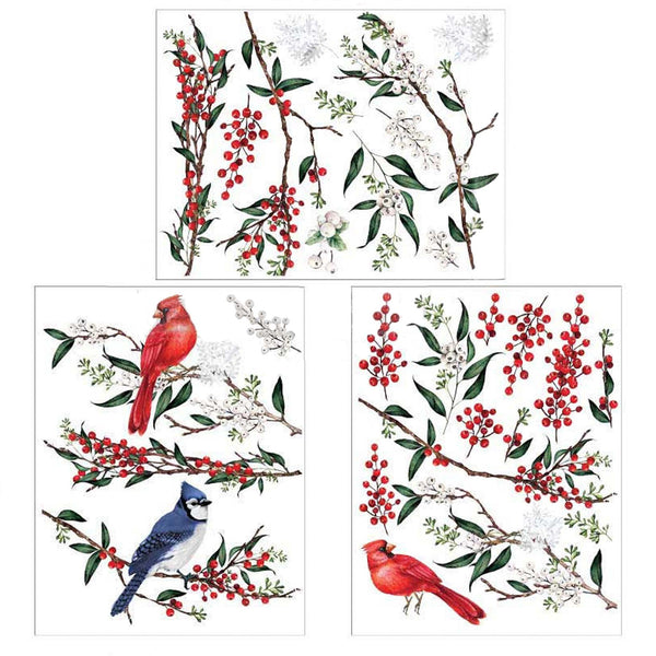 Three sheets of small rub-on transfers that feature red cardinals, a blue jay, and branches of red and white inter berries and leaves.