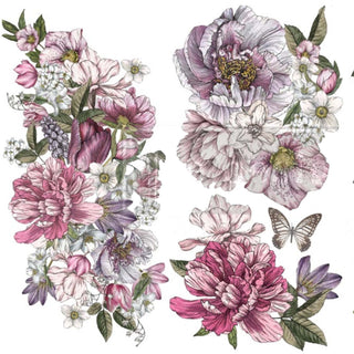 Small rub-on transfers of pink and purple floral bouquets.