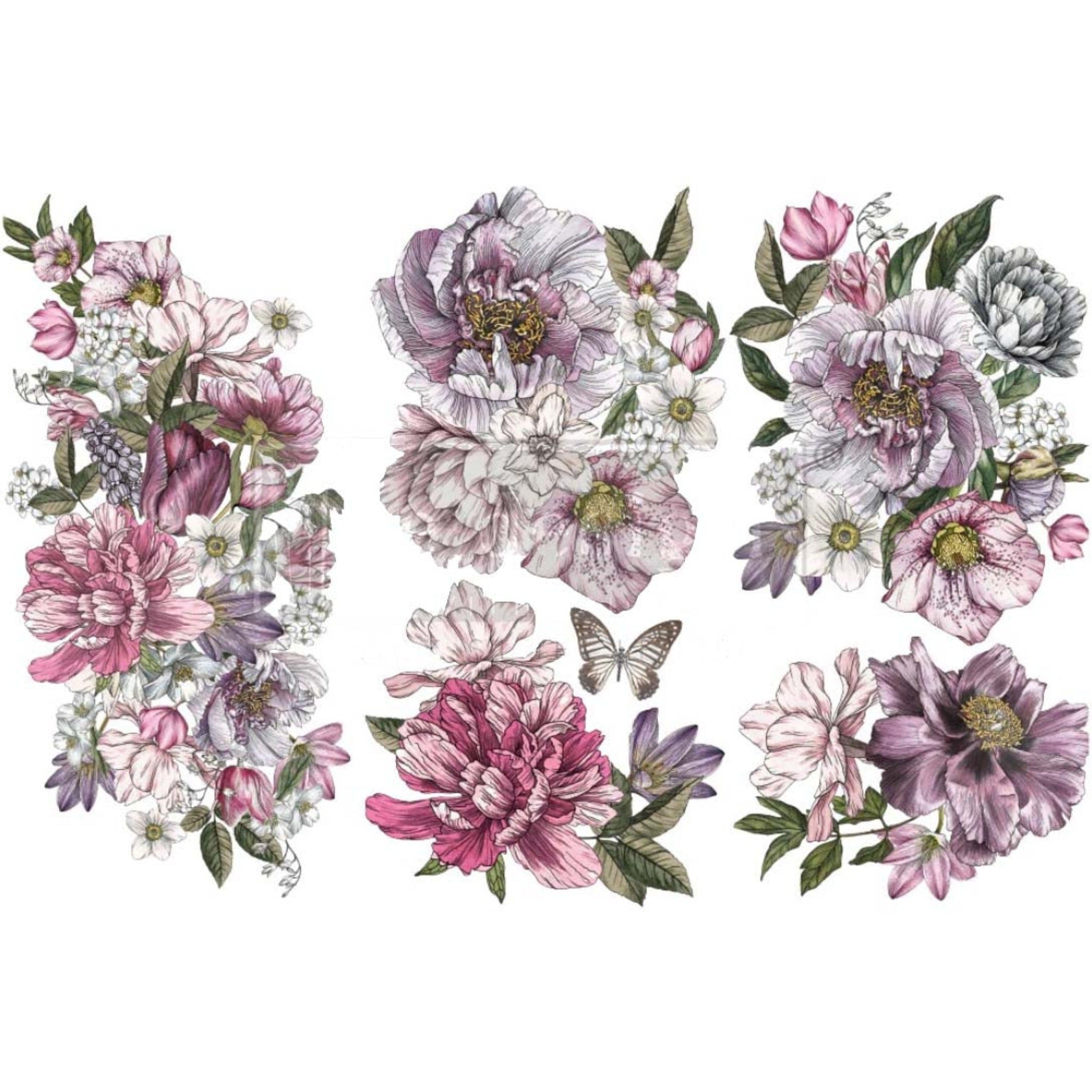 Small rub-on transfers of pink and purple floral bouquets.