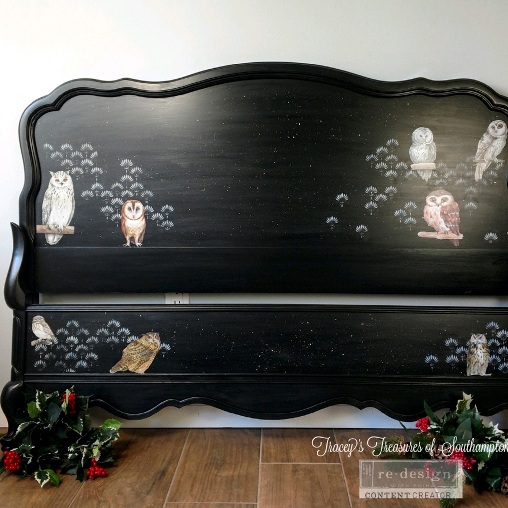 A vintage headboard and footboard refurbished by Tracey's Treasures of Southampton are painted black and features ReDesign with Prima's Owl small transfer on them.