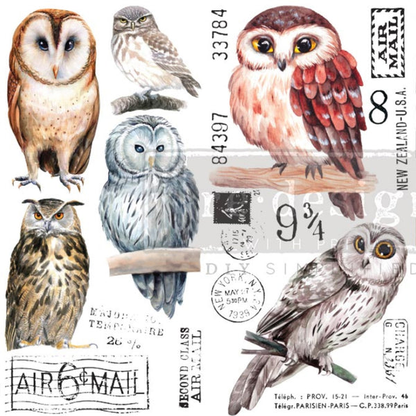 Small rub-on transfer design of owls and postage stamp marks.