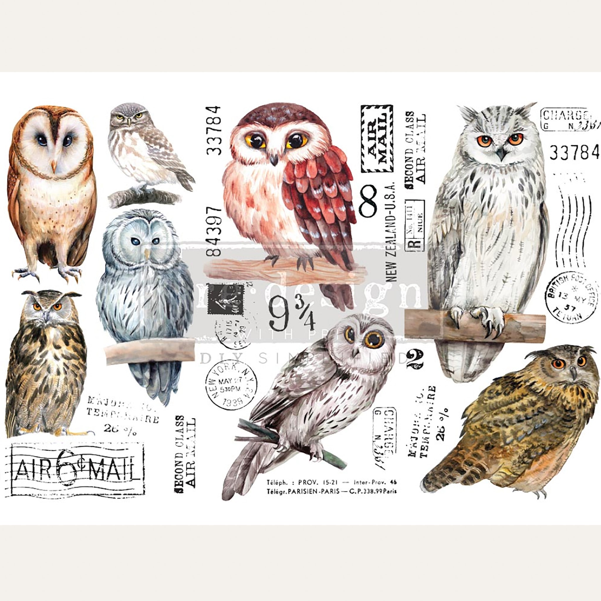 Small rub-on transfer design of owls and postage stamp marks. White borders are on the top and bottom.