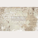 Tissue paper design of a crackled spackle wall with calligraphy hand writing. Light beige borders are on the top and bottom.