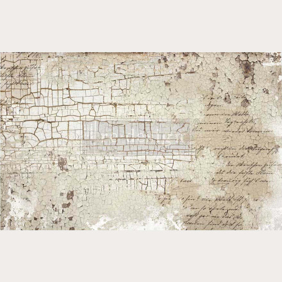 Tissue paper design of a crackled spackle wall with calligraphy hand writing. Light beige borders are on the top and bottom.