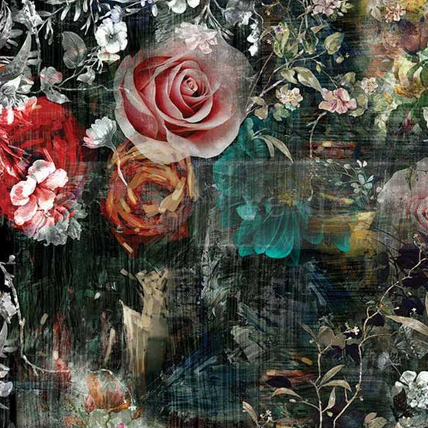 Tissue paper design of distressed flowers and roses on a dark background.