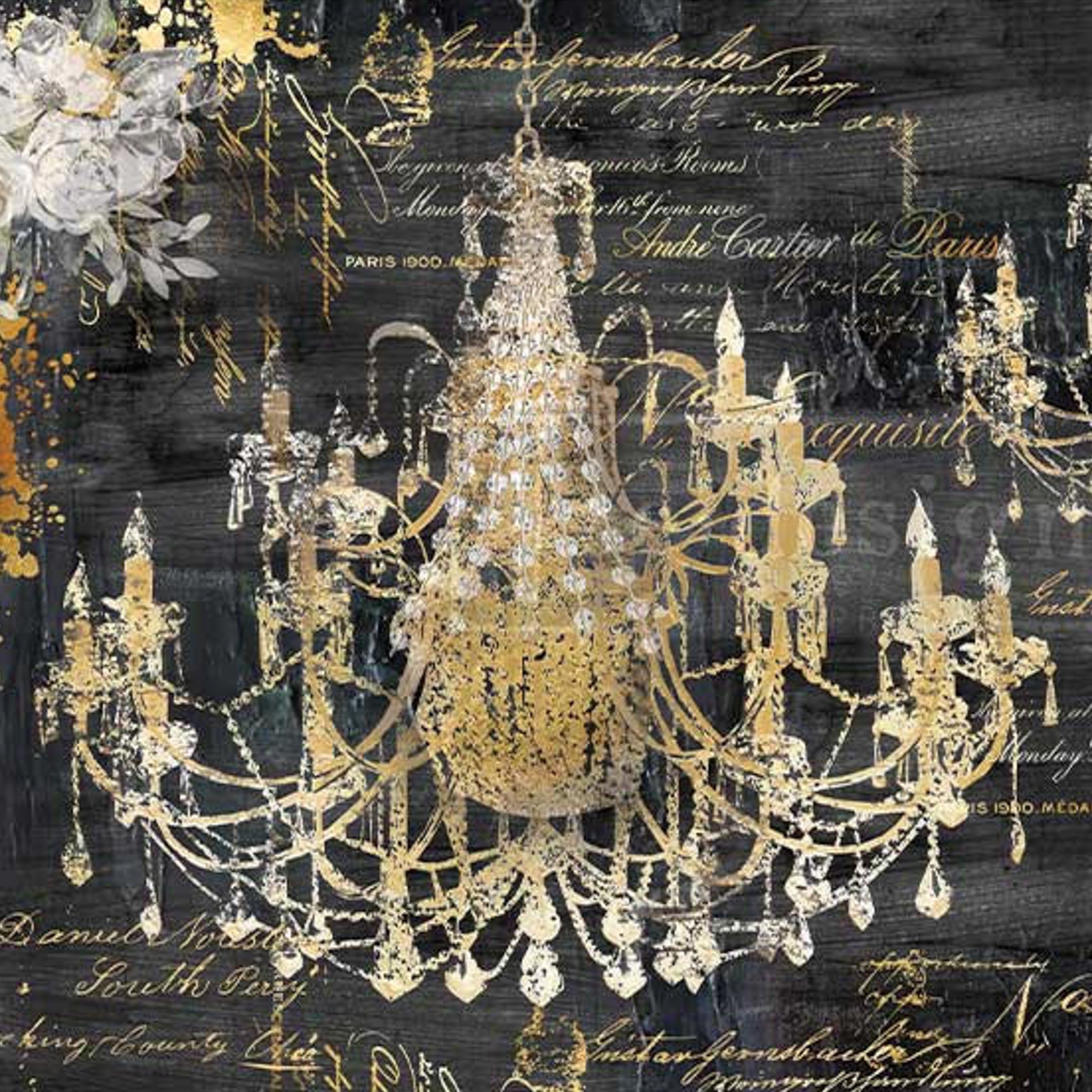 Tissue paper featuring beautifully layered chandeliers, script, flowers, and gold ink splatters.