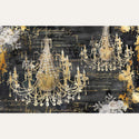 Tissue paper featuring beautifully layered chandeliers, script, flowers, and gold ink splatters. Light grey borders are on the top and bottom.