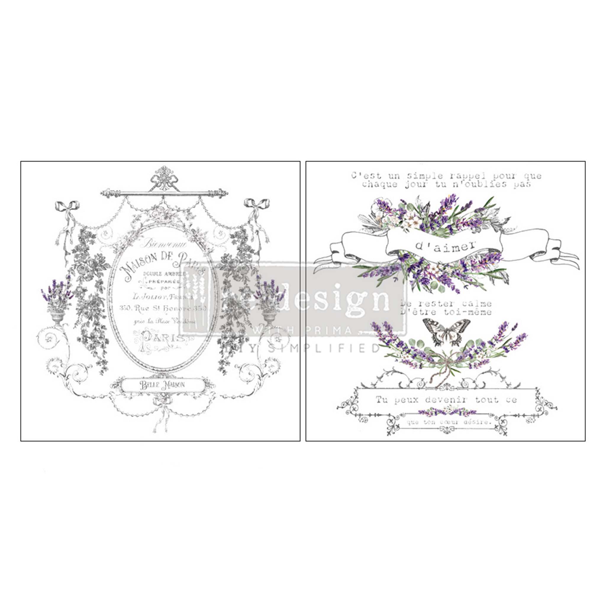 Two sheets of a small rub-on transfer designs featuring an intricate, dainty French sign and 2 banner labels with lavender flowers. 
