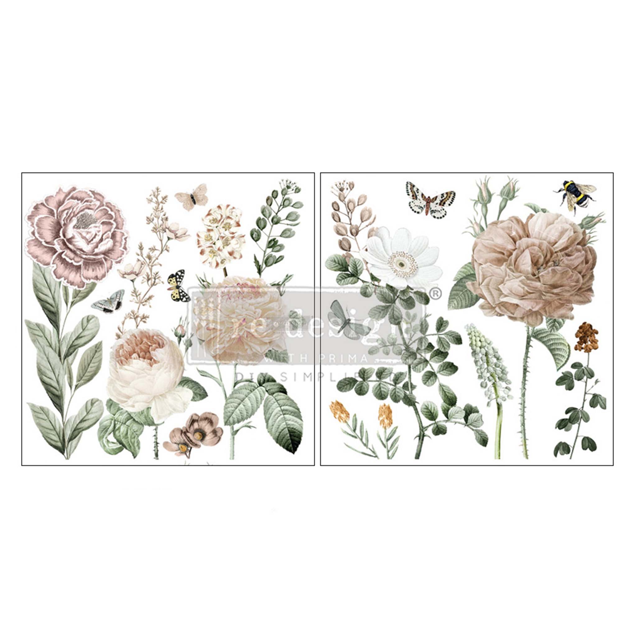 Small rub-on transfer design of 2 sheets featuring lightly colored wildflowers with butterflies.
